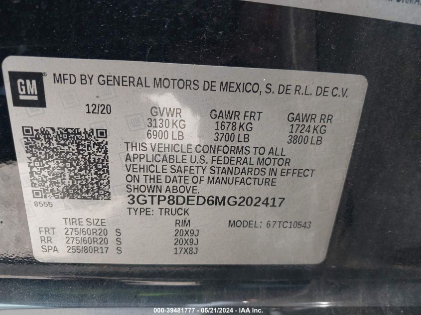 2021 GMC Sierra 1500 2Wd Short Box Slt VIN: 3GTP8DED6MG202417 Lot: 39481777