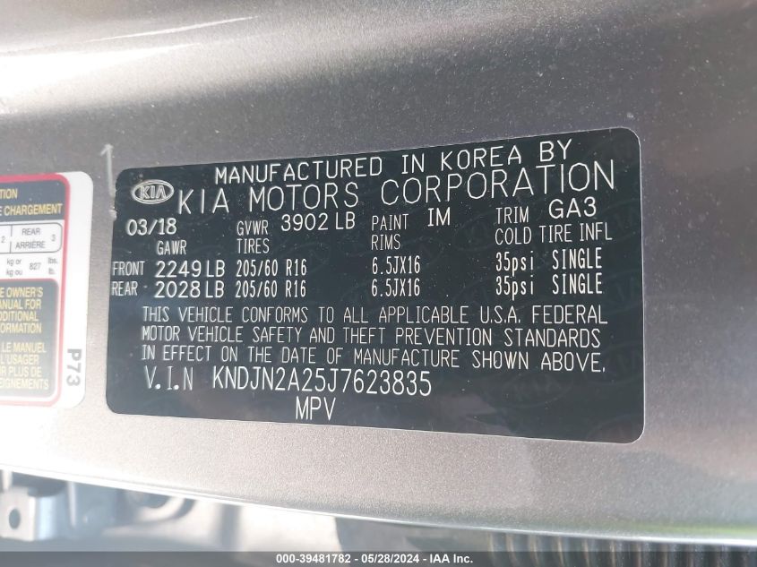 2018 Kia Soul VIN: KNDJN2A25J7623835 Lot: 39481782