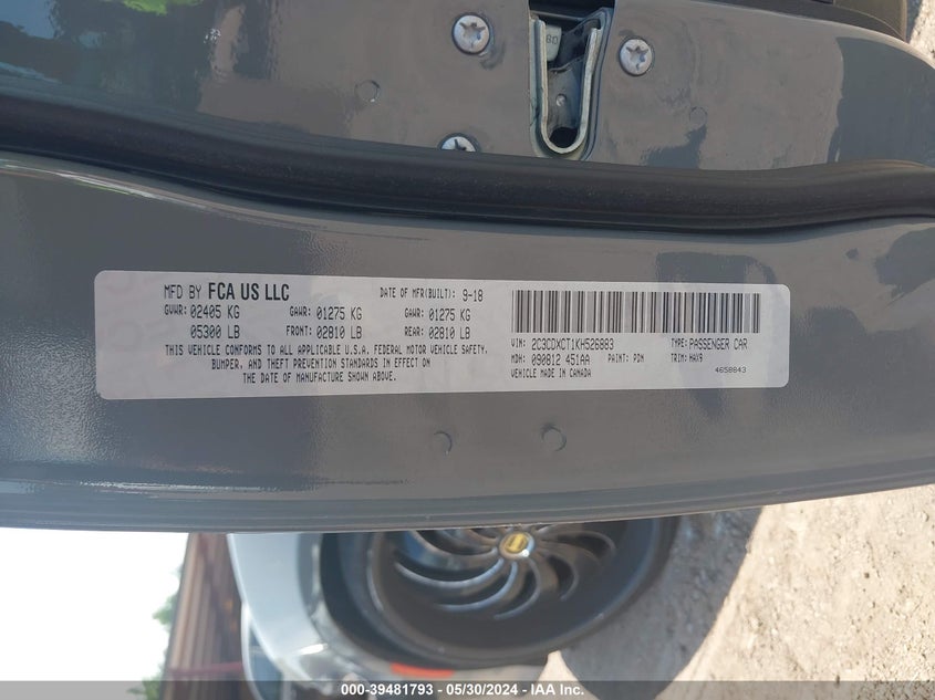 2019 Dodge Charger R/T Rwd VIN: 2C3CDXCT1KH526883 Lot: 39481793