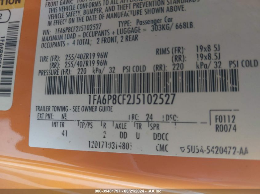 2018 Ford Mustang Gt Premium VIN: 1FA6P8CF2J5102527 Lot: 39481797