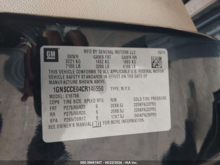 2012 Chevrolet Tahoe Ltz VIN: 1GNSCCE04CR146550 Lot: 39481807