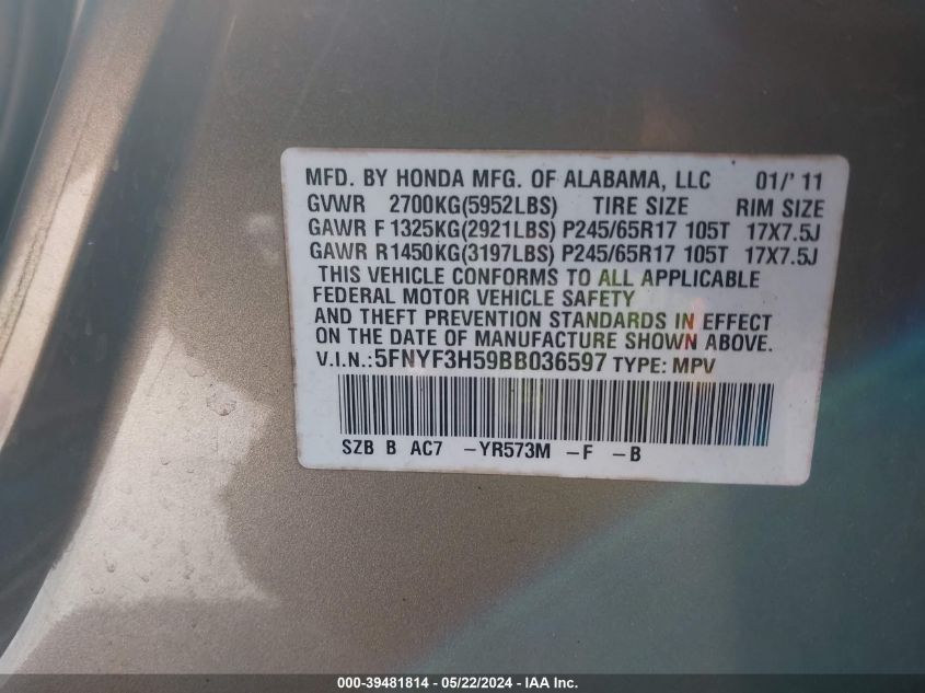 2011 Honda Pilot Ex-L VIN: 5FNYF3H59BB036597 Lot: 39481814
