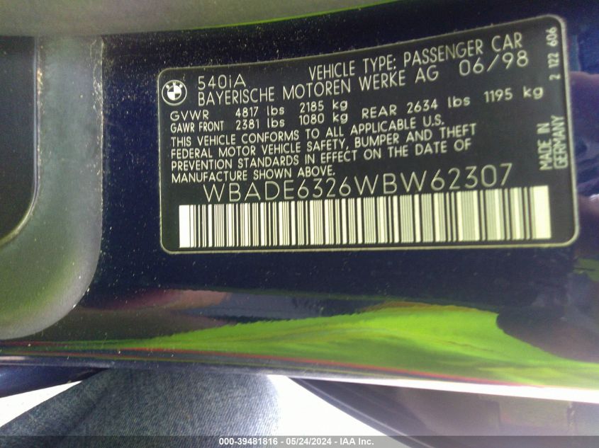 1998 BMW 540Ia VIN: WBADE6326WBW62307 Lot: 39481816