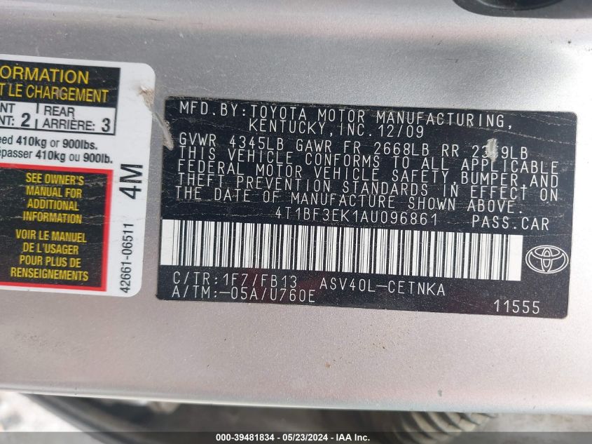 2010 Toyota Camry Le VIN: 4T1BF3EK1AU096861 Lot: 39481834