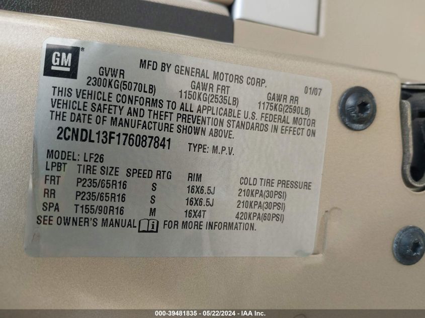 2007 Chevrolet Equinox Ls VIN: 2CNDL13F176087841 Lot: 39481835