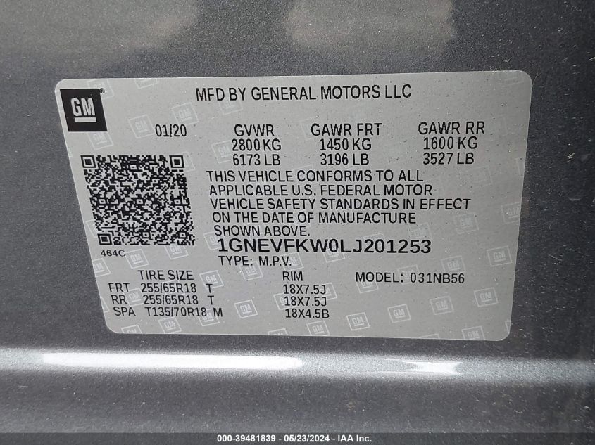 2020 Chevrolet Traverse Awd Ls VIN: 1GNEVFKW0LJ201253 Lot: 39481839