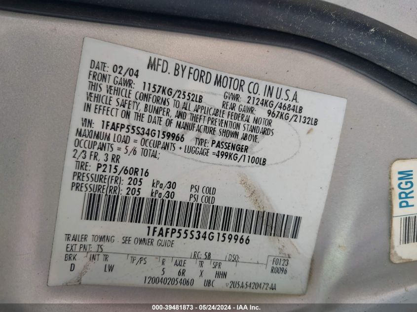 2004 Ford Taurus Ses VIN: 1FAFP55S34G159966 Lot: 39481873
