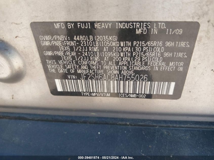 2010 Subaru Forester 2.5X VIN: JF2SH6AC8AH755026 Lot: 39481874
