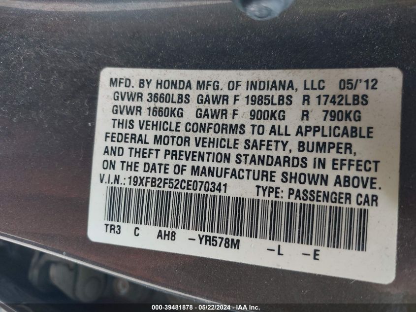 2012 Honda Civic Lx VIN: 19XFB2F52CE070341 Lot: 39481878