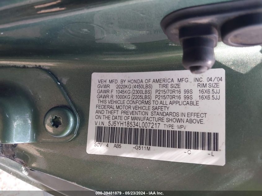 2004 Honda Element Ex VIN: 5J6YH18534L007217 Lot: 39481879