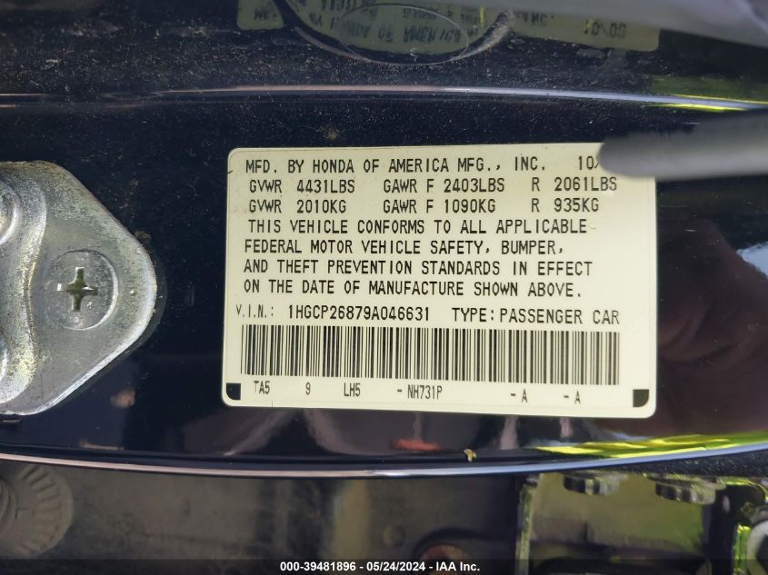 2009 Honda Accord 2.4 Ex-L VIN: 1HGCP26879A046631 Lot: 39481896