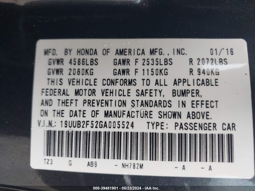 2016 Acura Tlx V6 Tech VIN: 19UUB2F52GA005524 Lot: 39481901