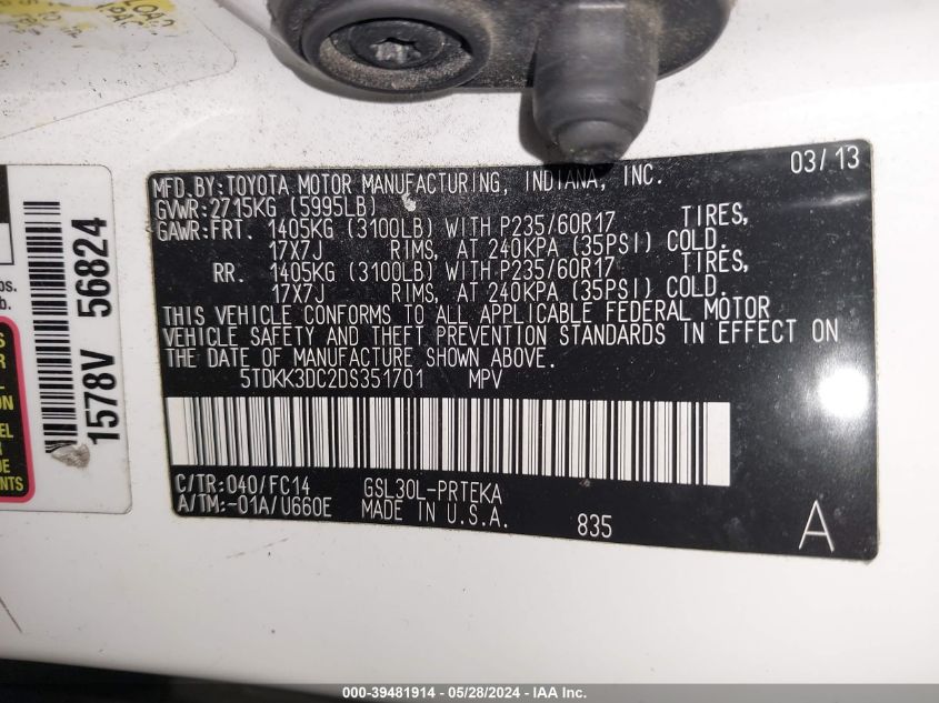 2013 Toyota Sienna Le V6 8 Passenger VIN: 5TDKK3DC2DS351701 Lot: 39481914