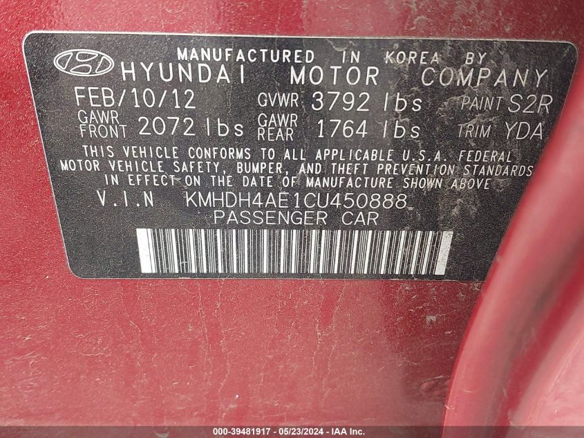 2012 Hyundai Elantra Limited (Ulsan Plant) VIN: KMHDH4AE1CU450888 Lot: 39481917