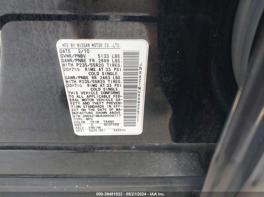 2010 Nissan Murano Le VIN: JN8AZ1MU6AW008717 Lot: 39481922