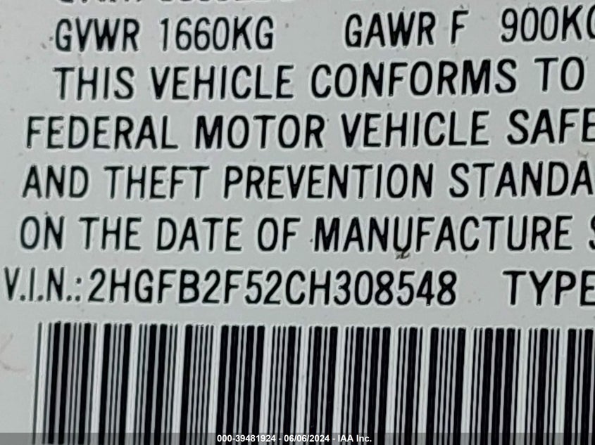 2012 Honda Civic Lx VIN: 2HGFB2F52CH308548 Lot: 39481924
