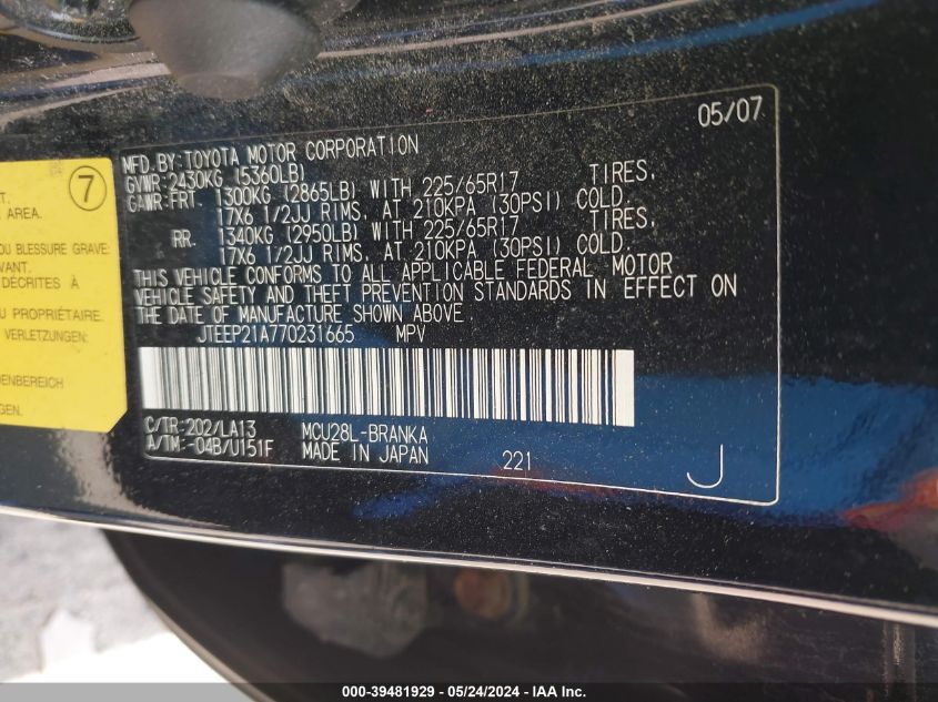 2007 Toyota Highlander Limited V6 VIN: JTEEP21A770231665 Lot: 39481929