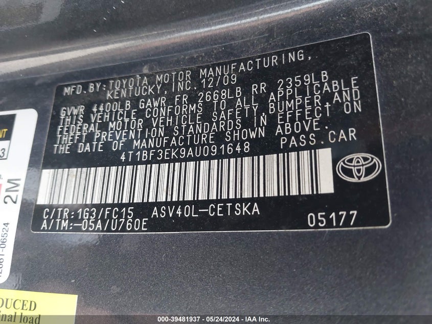2010 Toyota Camry Se VIN: 4T1BF3EK9AU091648 Lot: 39481937