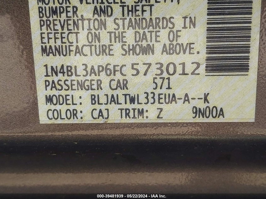 2015 Nissan Altima 3.5 Sl VIN: 1N4BL3AP6FC573012 Lot: 39481939