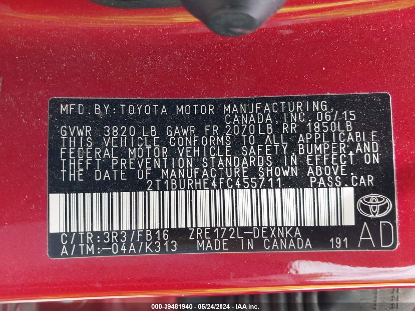 2015 Toyota Corolla Le VIN: 2T1BURHE4FC455711 Lot: 39481940