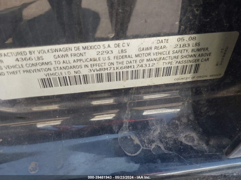 2008 Volkswagen Jetta Se/Sel VIN: 3VWRM71K68M174312 Lot: 39481943