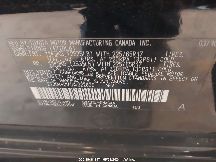 2010 Toyota Rav4 Limited V6 VIN: 2T3DK4DV4AW022606 Lot: 39481947