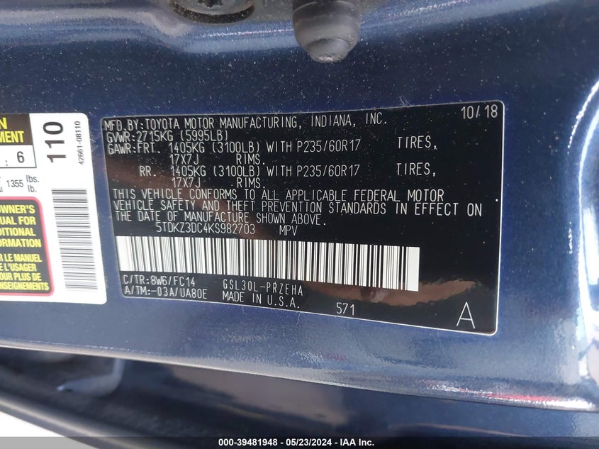 2019 Toyota Sienna Le 8 Passenger VIN: 5TDKZ3DC4KS982703 Lot: 39481948