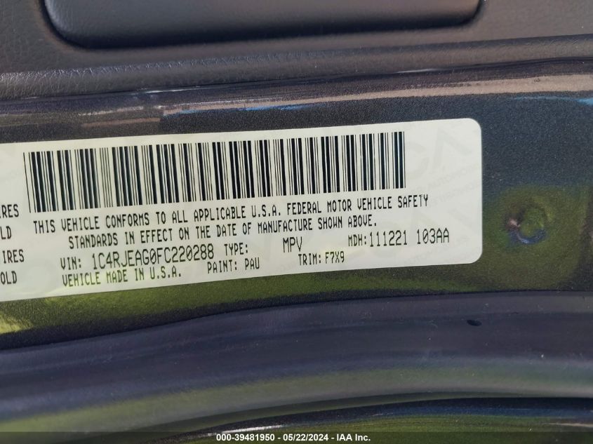 2015 Jeep Grand Cherokee Laredo VIN: 1C4RJEAG0FC220288 Lot: 39481950