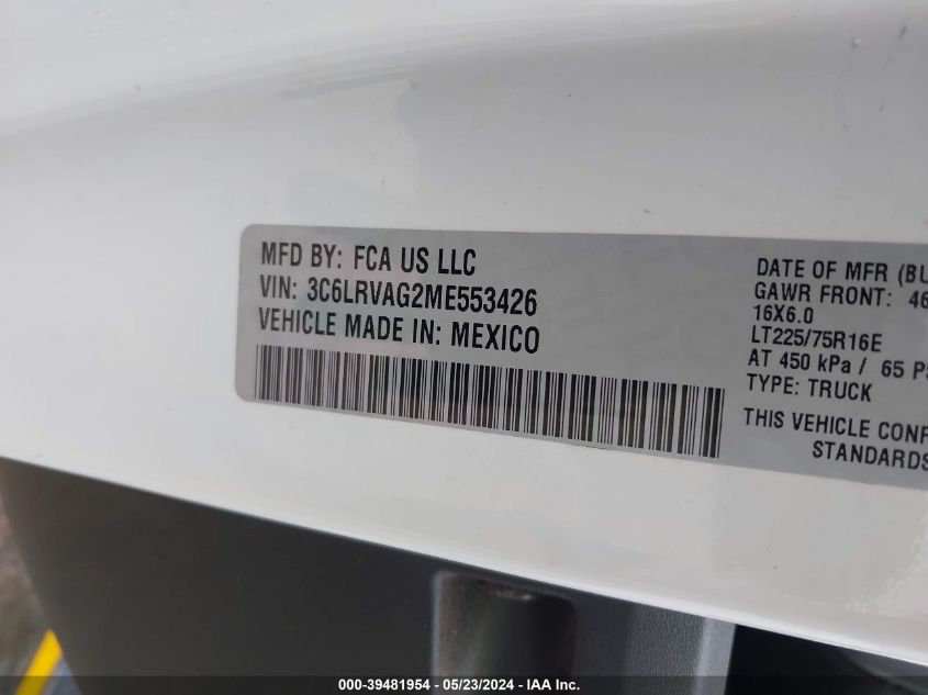 2021 Ram Promaster 1500 Low Roof 136 Wb VIN: 3C6LRVAG2ME553426 Lot: 39481954