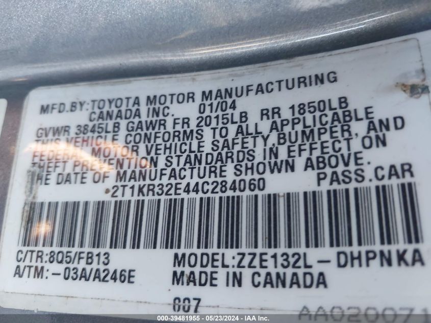 2004 Toyota Matrix Xr VIN: 2T1KR32E44C284060 Lot: 39481955