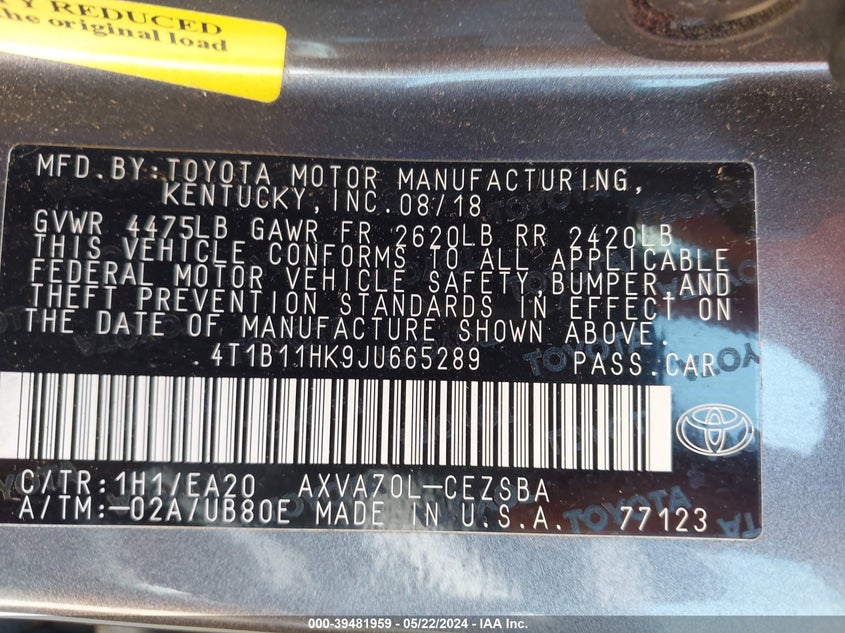 2018 Toyota Camry Se VIN: 4T1B11HK9JU665289 Lot: 39481959