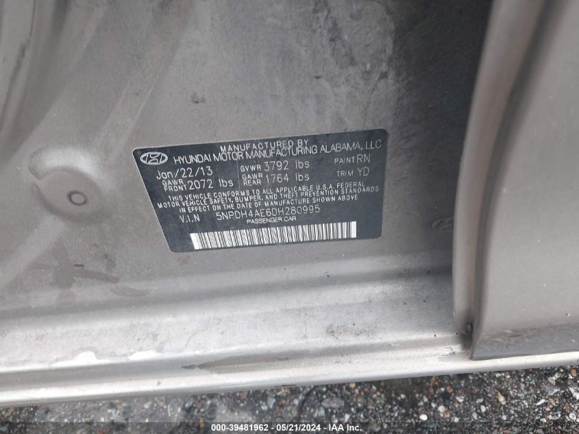 2013 Hyundai Elantra Limited VIN: 5NPDH4AE6DH280995 Lot: 39481962