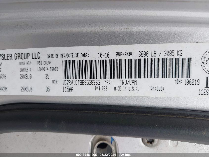 2011 Ram Ram 1500 Laramie VIN: 1D7RV1CT9BS558365 Lot: 39481965