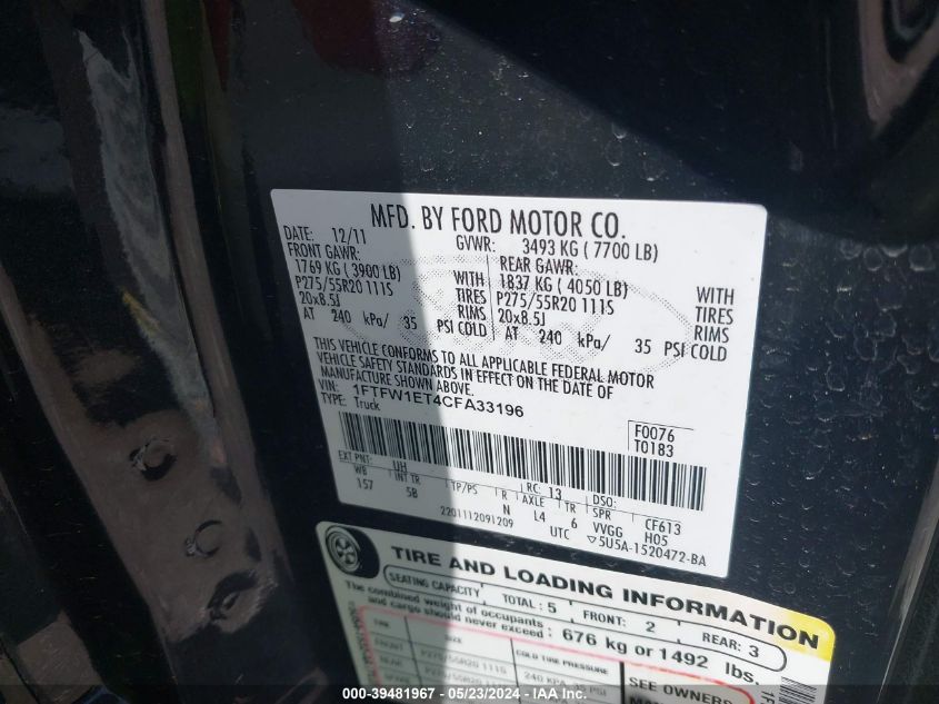 2012 Ford F-150 Fx4 VIN: 1FTFW1ET4CFA33196 Lot: 39481967