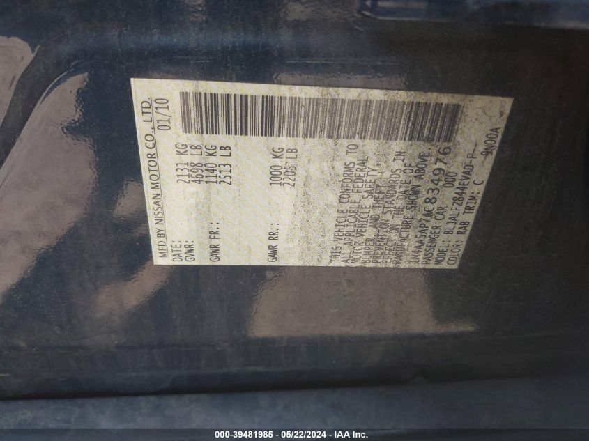 2010 Nissan Maxima 3.5 Sv VIN: 1N4AA5AP7AC834976 Lot: 39481985