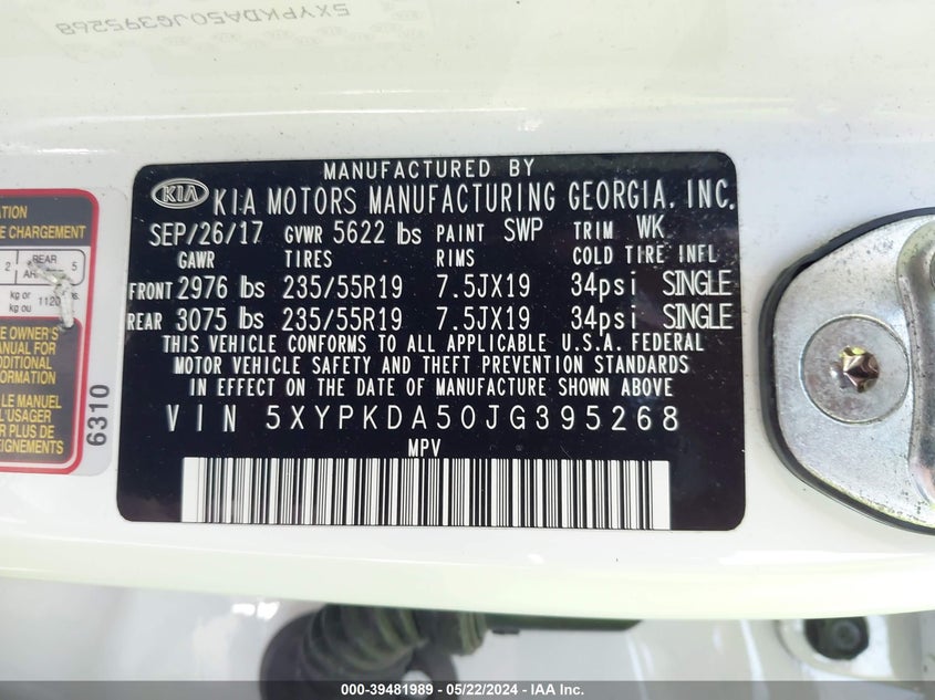 2018 Kia Sorento 3.3L Sxl VIN: 5XYPKDA50JG395268 Lot: 39481989