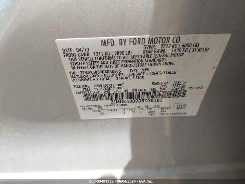 2013 Ford Flex Se VIN: 2FMGK5B89DBD38585 Lot: 39481992