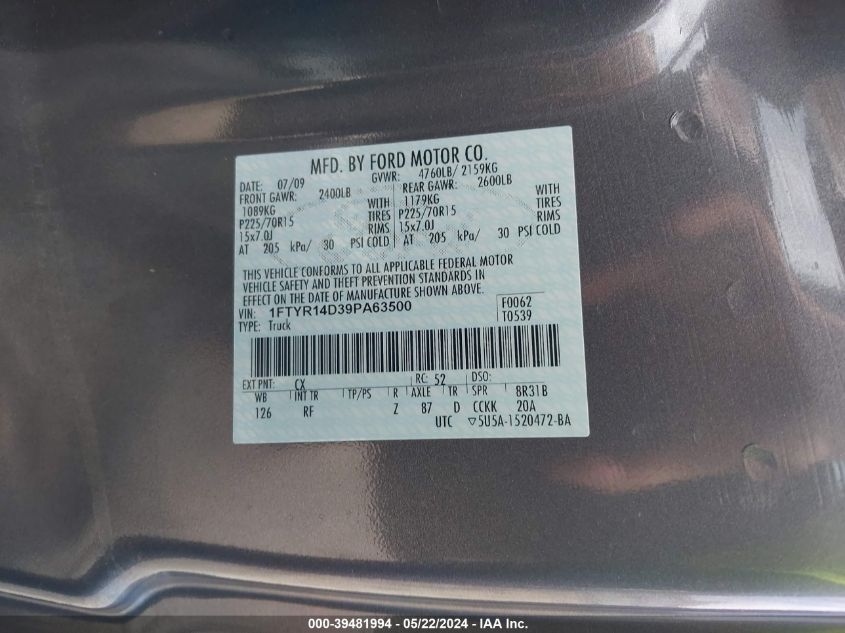 2009 Ford Ranger Xl/Xlt VIN: 1FTYR14D39PA63500 Lot: 39481994