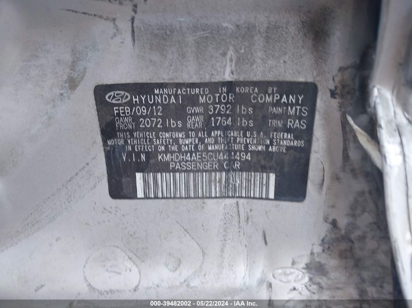 2012 Hyundai Elantra Gls (Ulsan Plant) VIN: KMHDH4AE5CU444494 Lot: 39482002