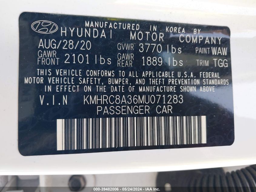 2021 Hyundai Venue Sel VIN: KMHRC8A36MU071283 Lot: 39482006