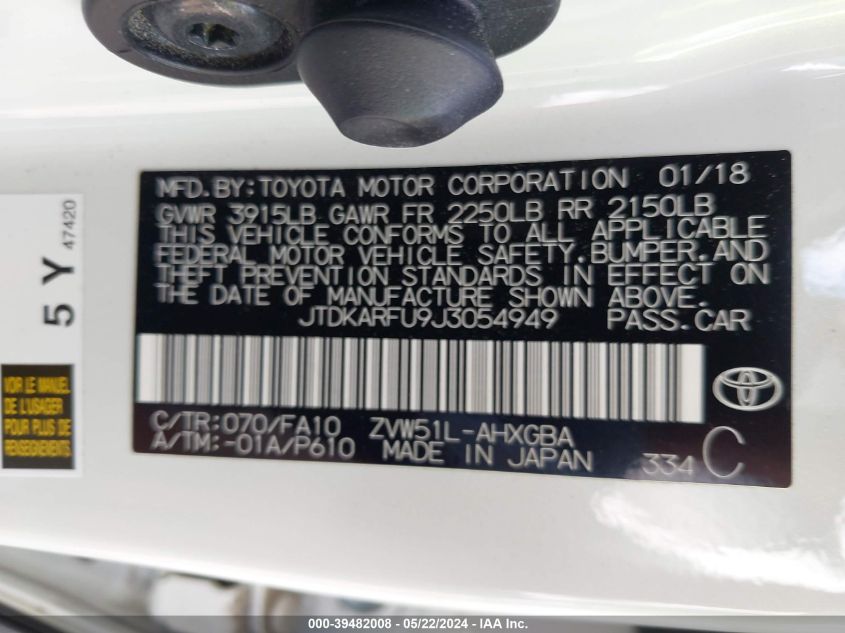 2018 Toyota Prius Three VIN: JTDKARFU9J3054949 Lot: 39482008