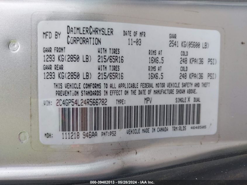 2004 Chrysler Town & Country Touring VIN: 2C4GP54L24R566782 Lot: 39482013