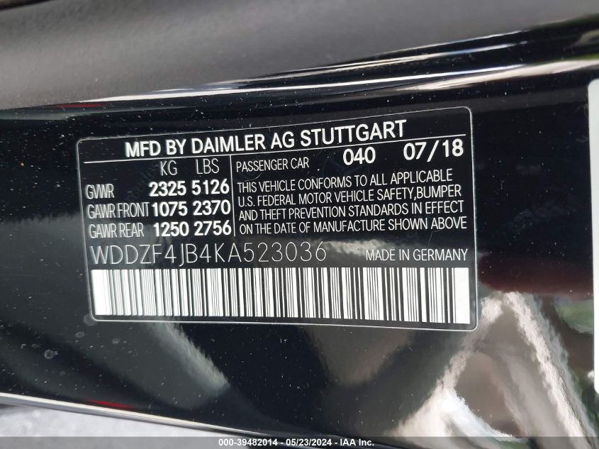 2019 Mercedes-Benz E 300 VIN: WDDZF4JB4KA523036 Lot: 39482014