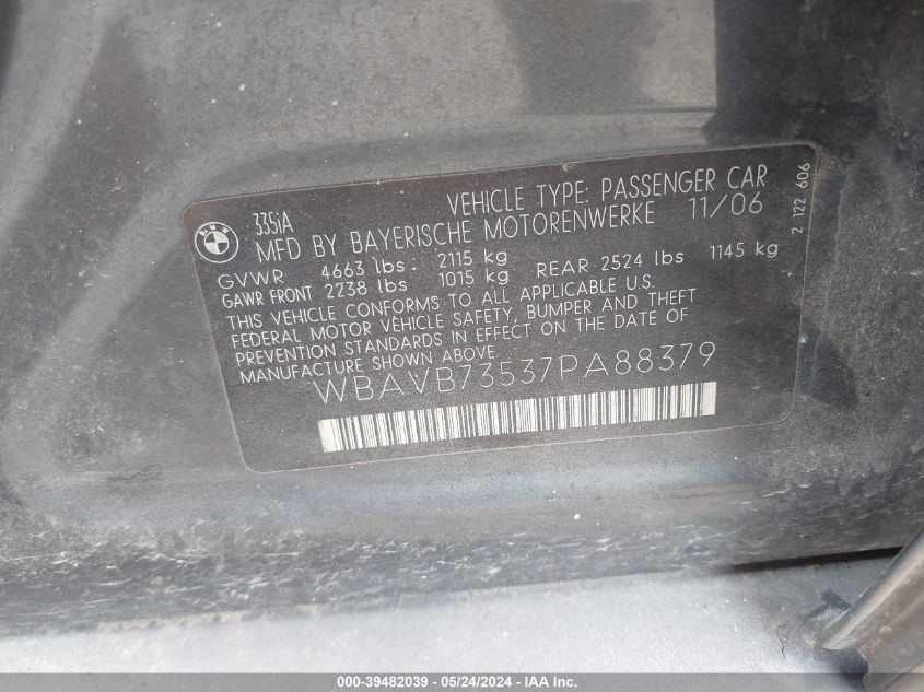 2007 BMW 335I VIN: WBAVB73537PA88379 Lot: 39482039