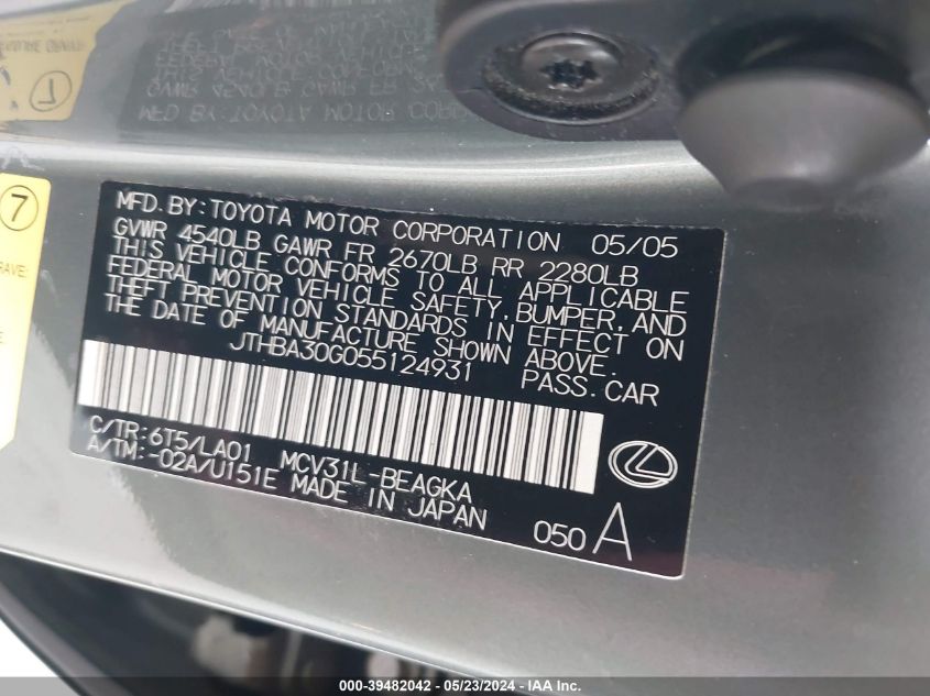 2005 Lexus Es 330 VIN: JTHBA30G055124931 Lot: 39482042