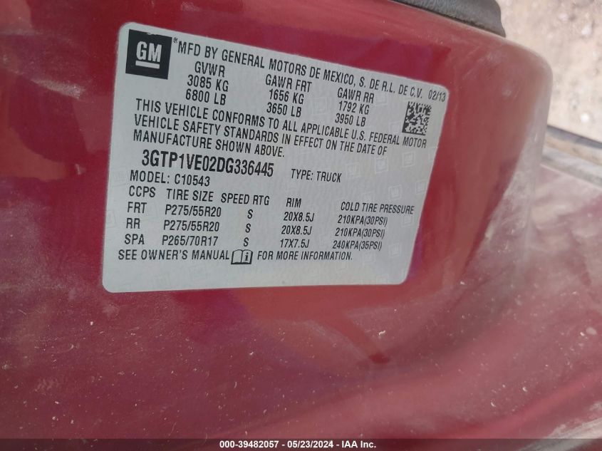 2013 GMC Sierra 1500 Sle VIN: 3GTP1VE02DG336445 Lot: 39482057