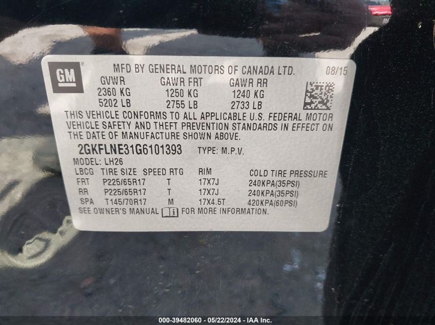 2016 GMC Terrain Sle-2 VIN: 2GKFLNE31G6101393 Lot: 39482060