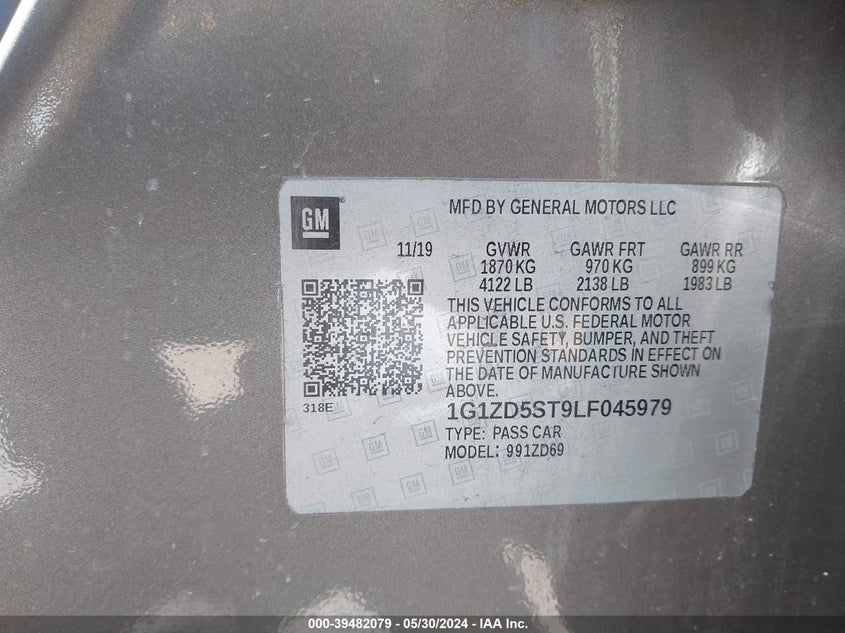 2020 Chevrolet Malibu Fwd Lt VIN: 1G1ZD5ST9LF045979 Lot: 39482079