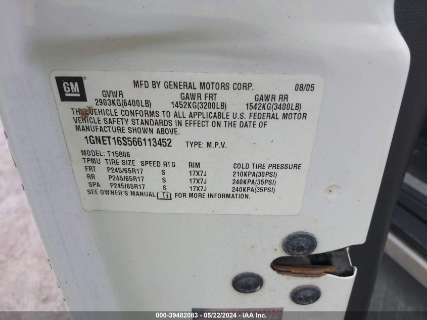 2006 Chevrolet Trailblazer Ext Lt VIN: 1GNET16S566113452 Lot: 39482083