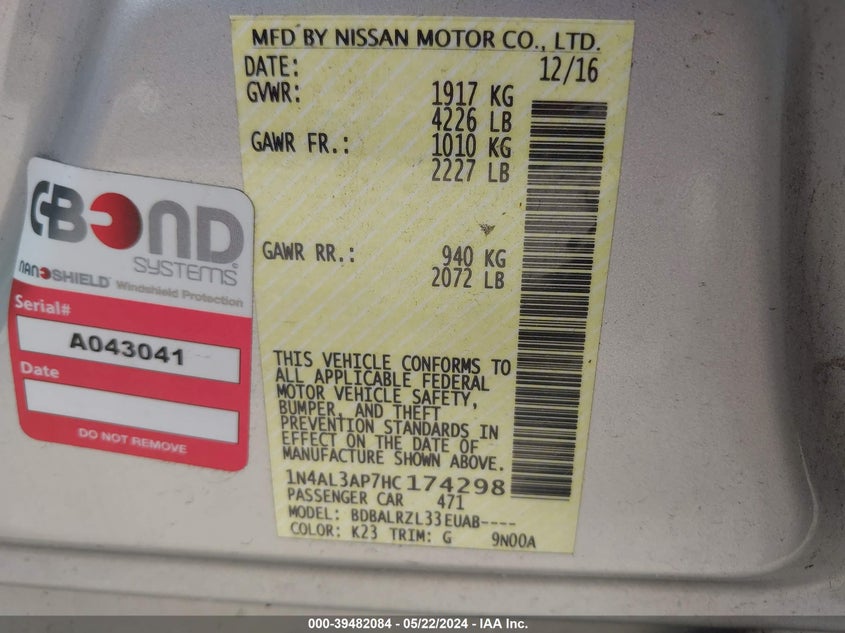 2017 Nissan Altima 2.5 Sl VIN: 1N4AL3AP7HC174298 Lot: 39482084